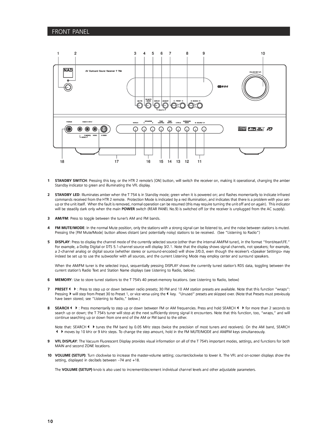 NAD T 754 owner manual Front Panel, Search 