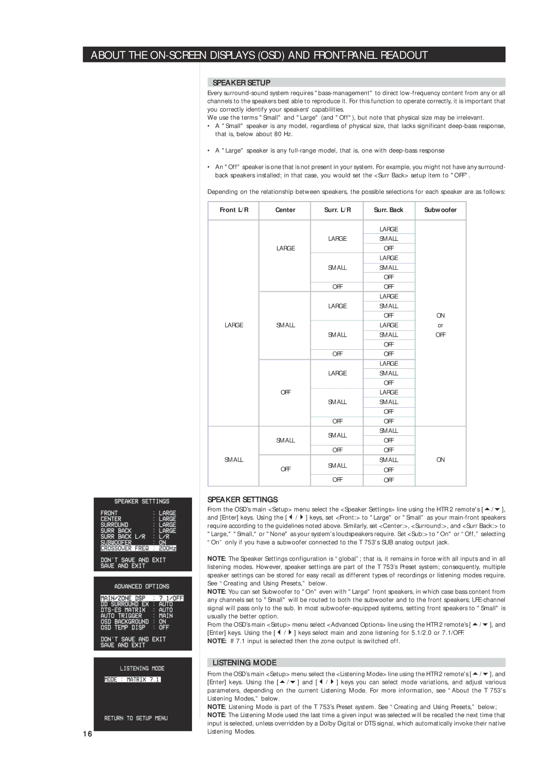 NAD T 763 owner manual Speaker Setup, Speaker Settings, Listening Mode 