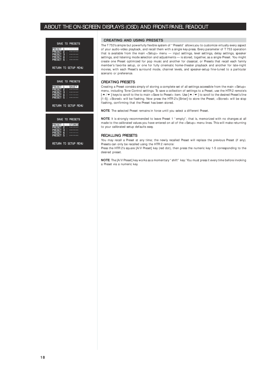 NAD T 763 owner manual Creating Presets, Recalling Presets 