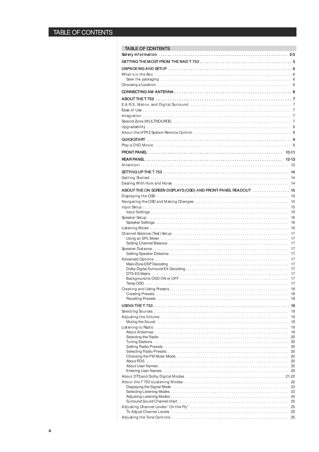 NAD T 763 owner manual Table of Contents 