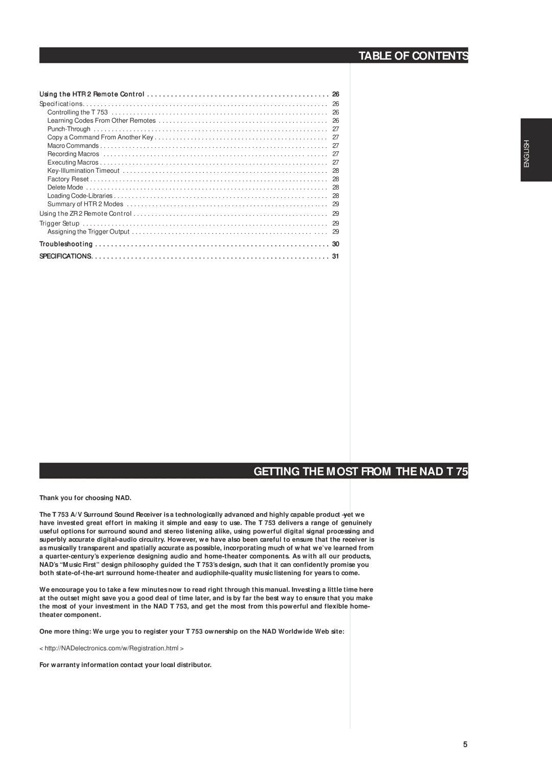 NAD T 763 owner manual Getting the Most from the NAD T, Using the HTR 2 Remote Control, Troubleshooting Specifications 