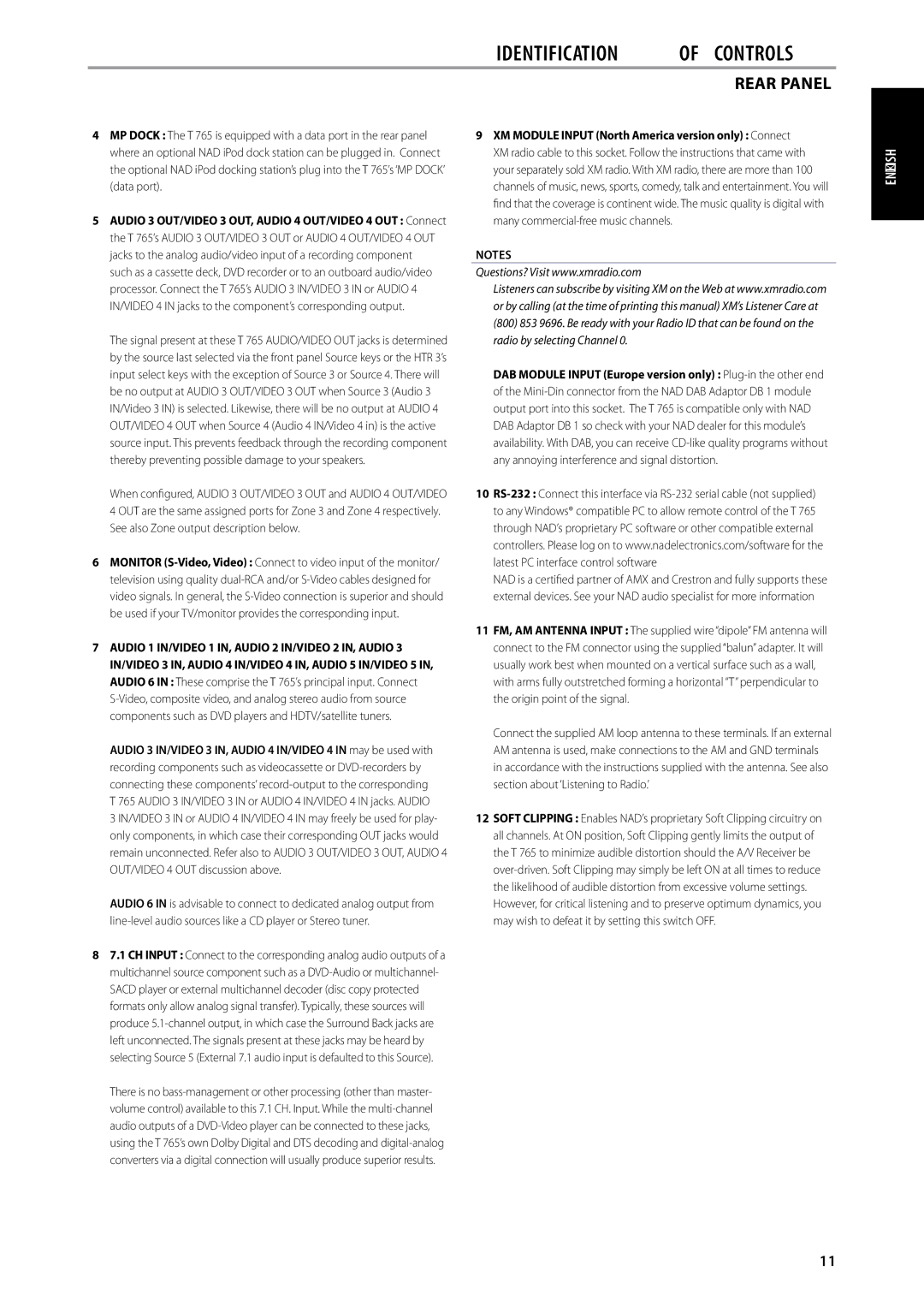 NAD T 765 owner manual Identification of controls 