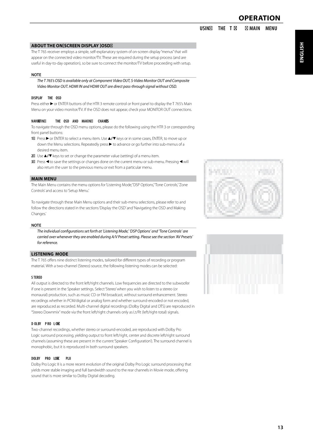 NAD owner manual Using the T 765 Main Menu, About the ON-SCREEN Display OSD, Listening Mode 