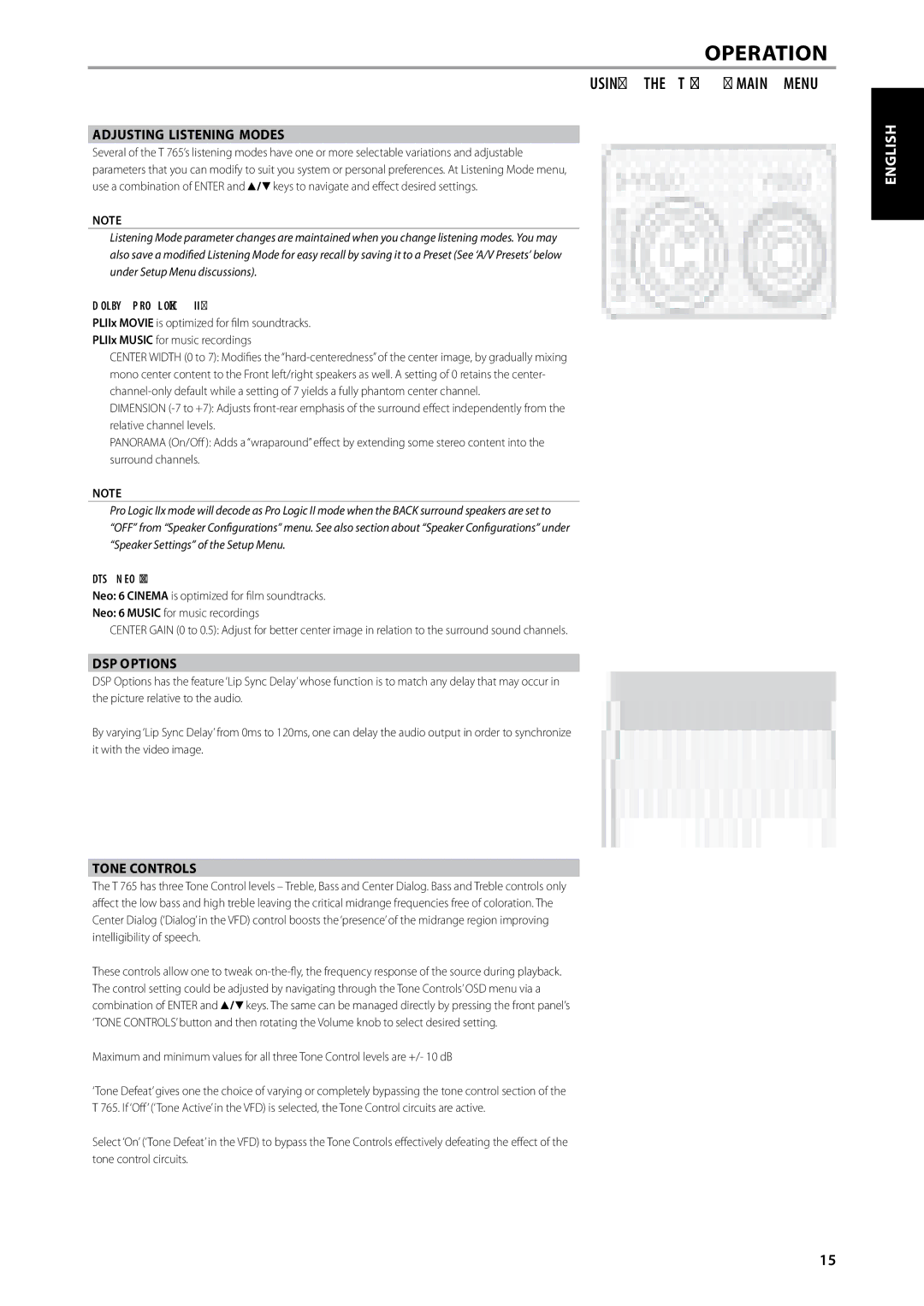 NAD T 765 owner manual Adjusting Listening Modes, DSP Options, Tone Controls 