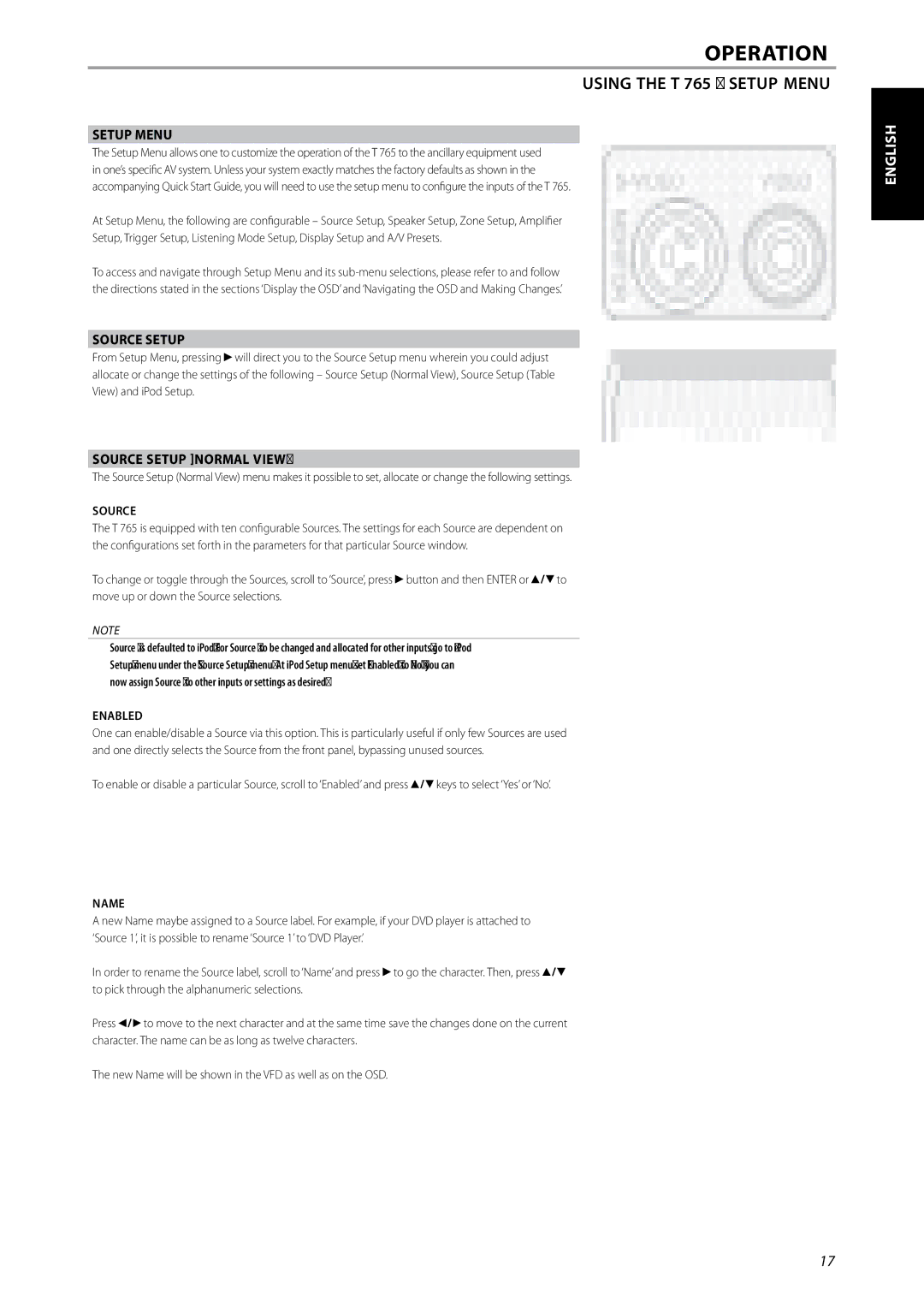 NAD owner manual Using the T 765 Setup Menu, Source Setup Normal View 