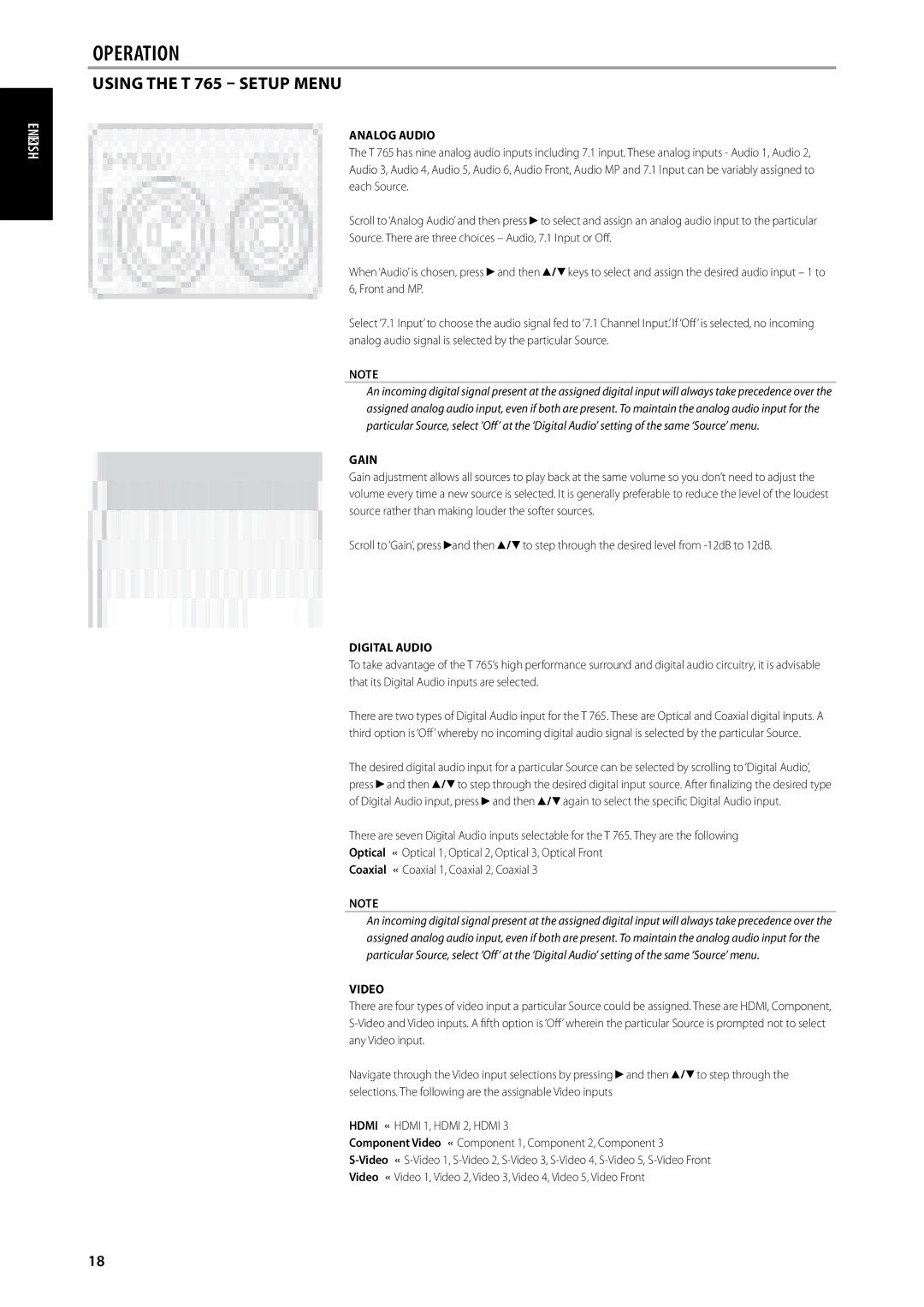 NAD T 765 owner manual Analog Audio, Gain, Digital Audio, Press and then, Video 