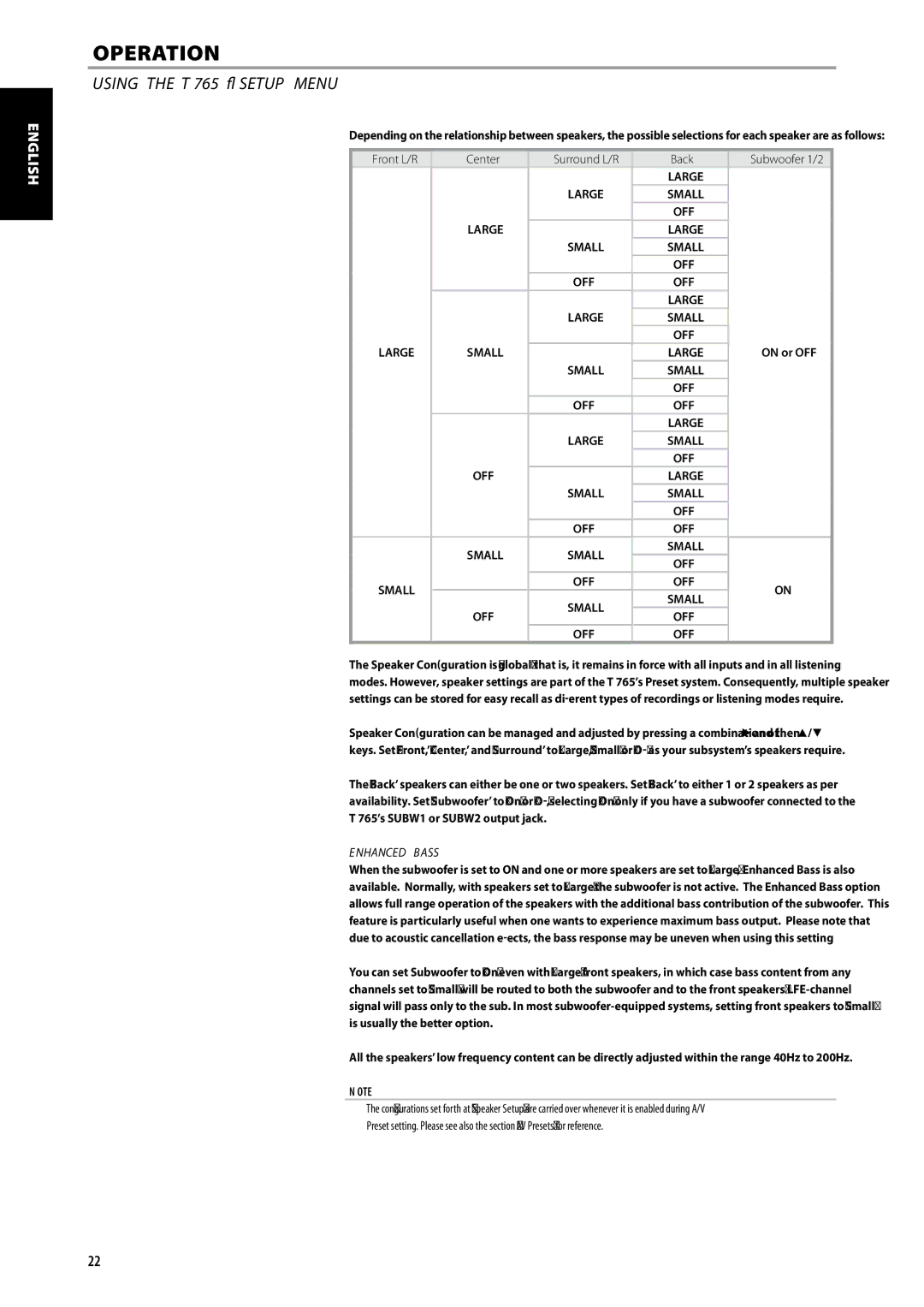 NAD T 765 owner manual Front L/R Center, Back, Enhanced Bass 