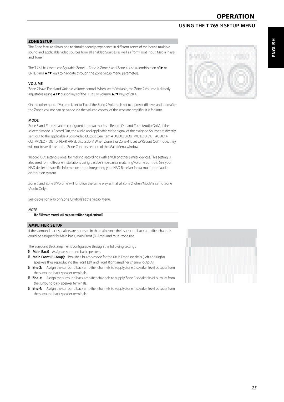 NAD T 765 owner manual Zone Setup, Amplifier Setup, Volume, Mode 