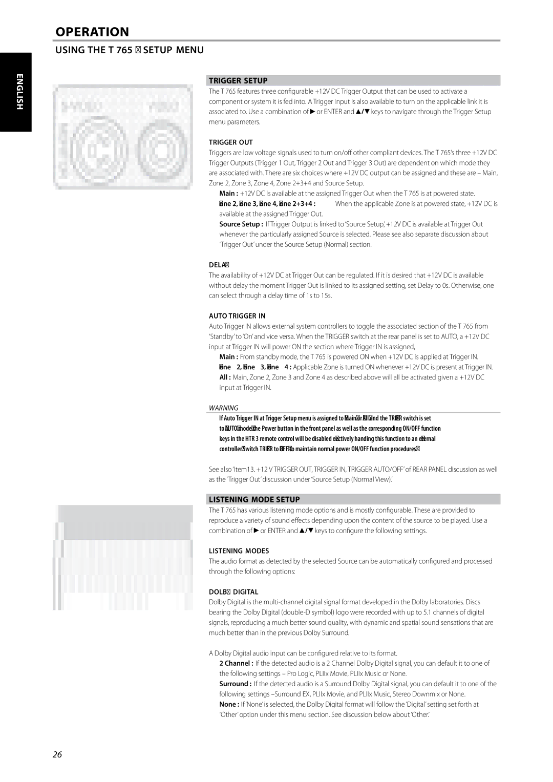 NAD T 765 owner manual Trigger setup, Listening Mode Setup 