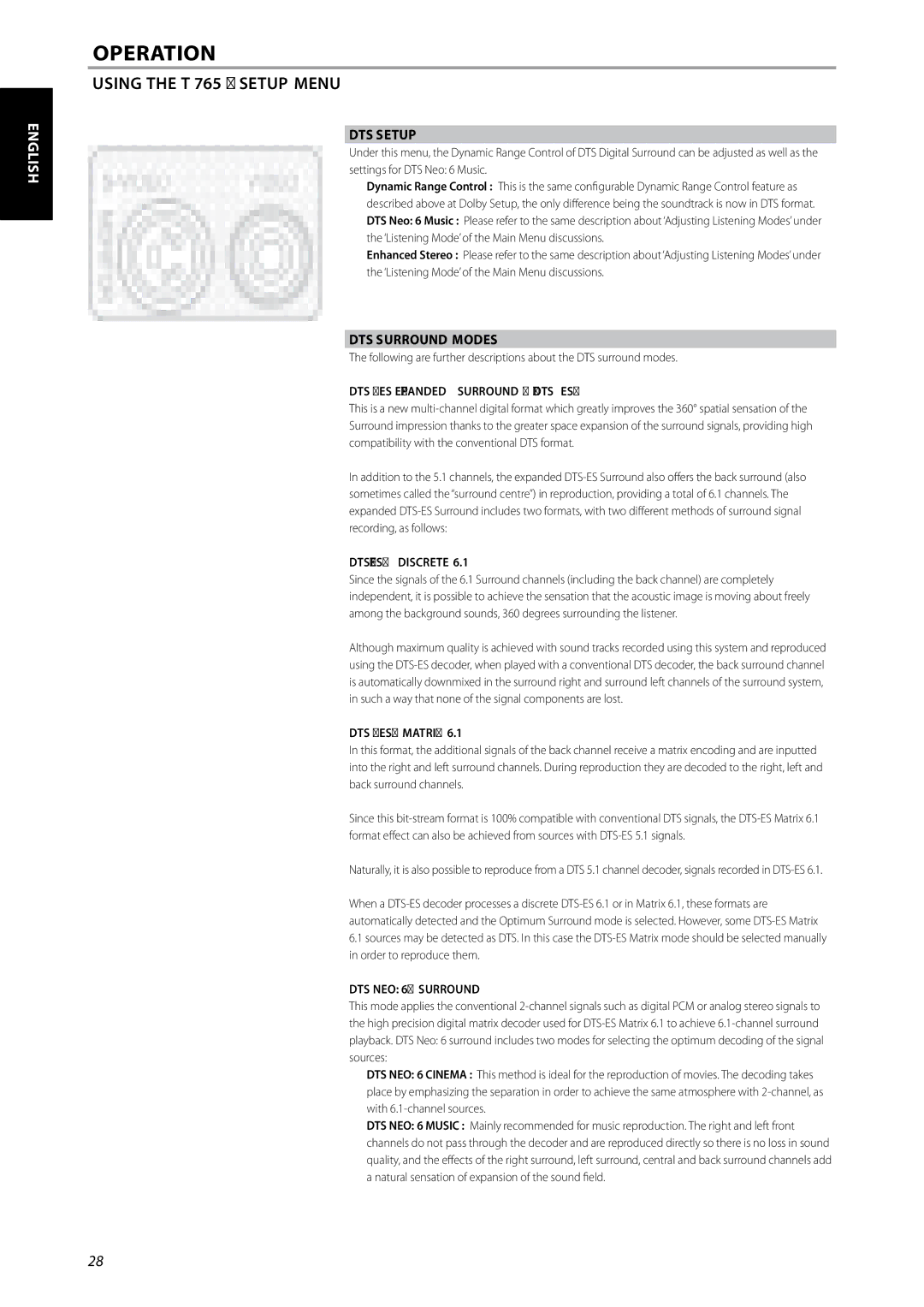 NAD T 765 owner manual DTS Setup, DTS Surround Modes 