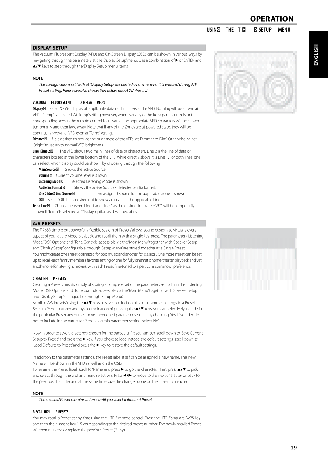 NAD T 765 owner manual Display Setup, Vacuum Fluorescent Display VFD, Creating Presets, Recalling Presets 