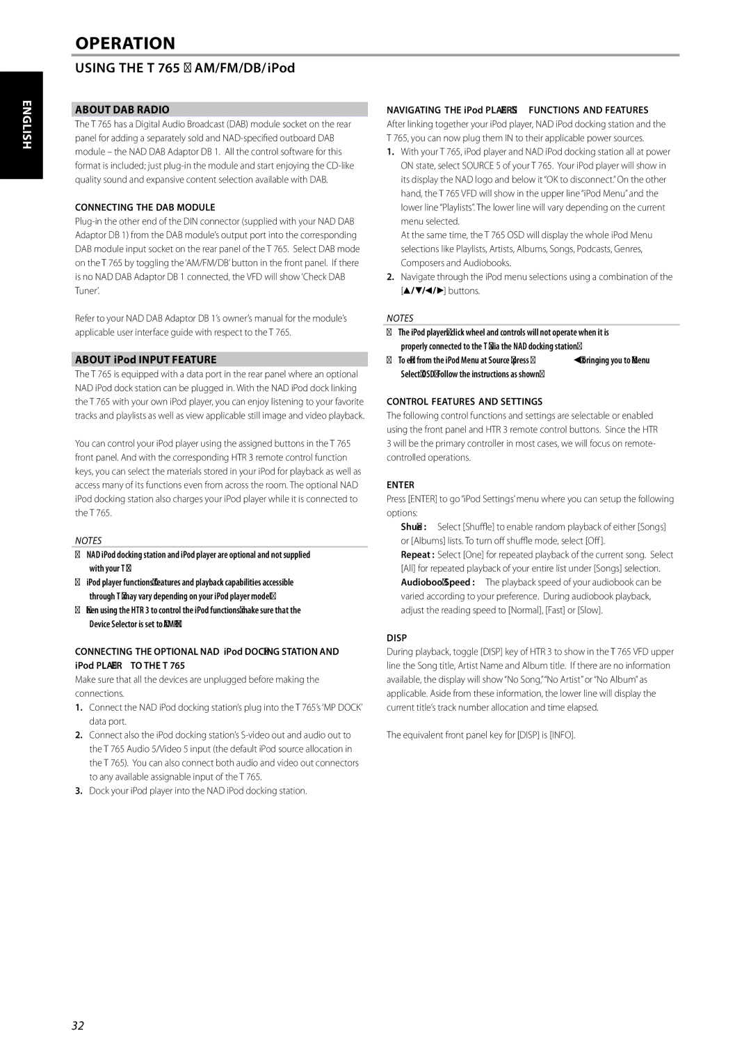 NAD T 765 owner manual About DAB Radio, About iPod Input Feature 