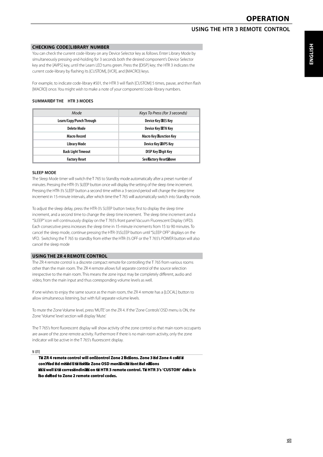 NAD T 765 owner manual Checking Code-Library Number, Using the ZR 4 Remote Control, Summary of the HTR 3 Modes, Sleep Mode 