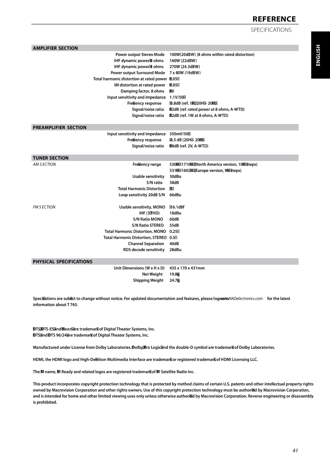 NAD T 765 owner manual Amplifier Section, Preamplifier Section, Tuner Section, Physical Specifications 