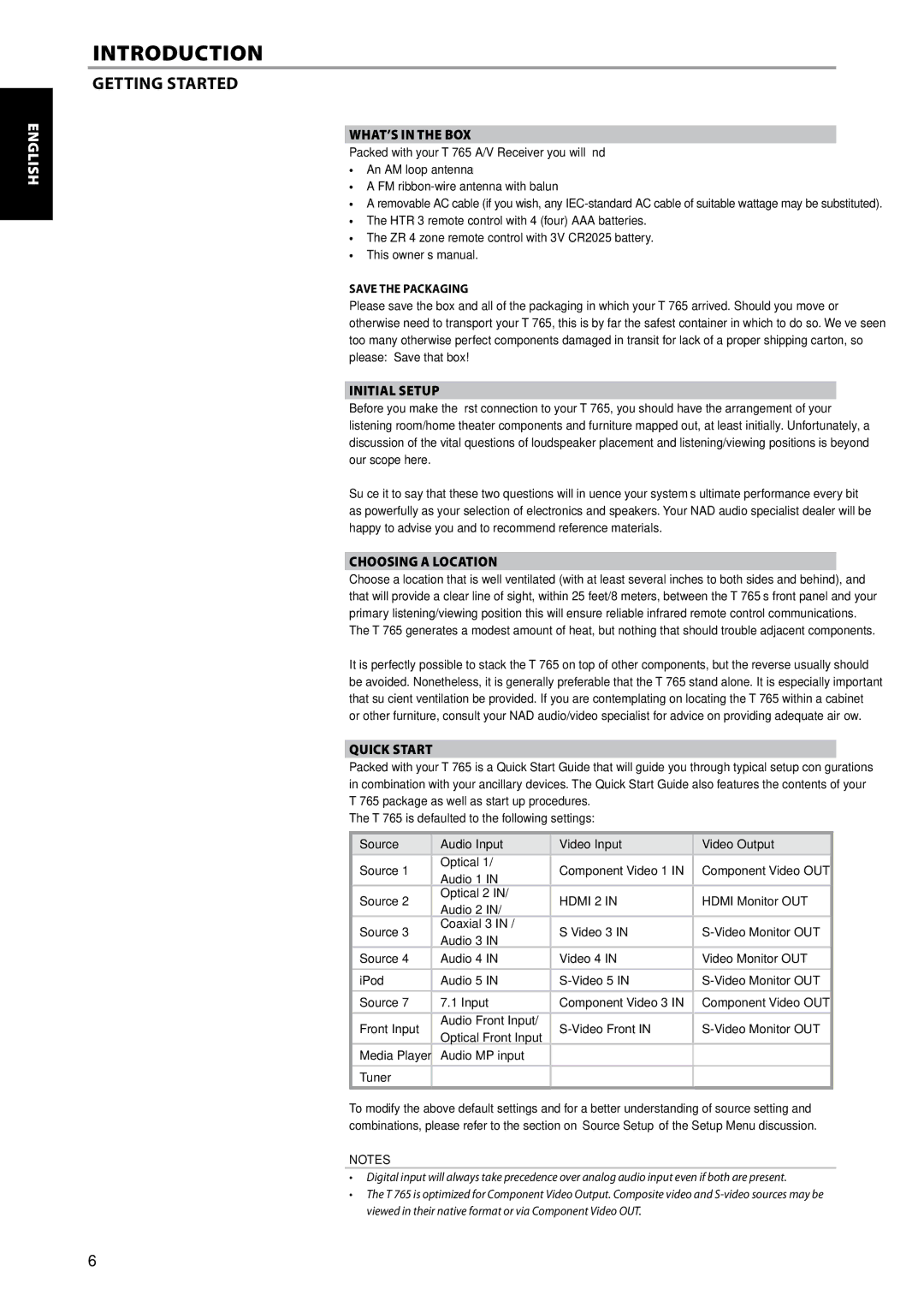 NAD T 765 owner manual Getting Started, WHAT’S in the BOX, Initial Setup, Choosing a Location, Quick Start 