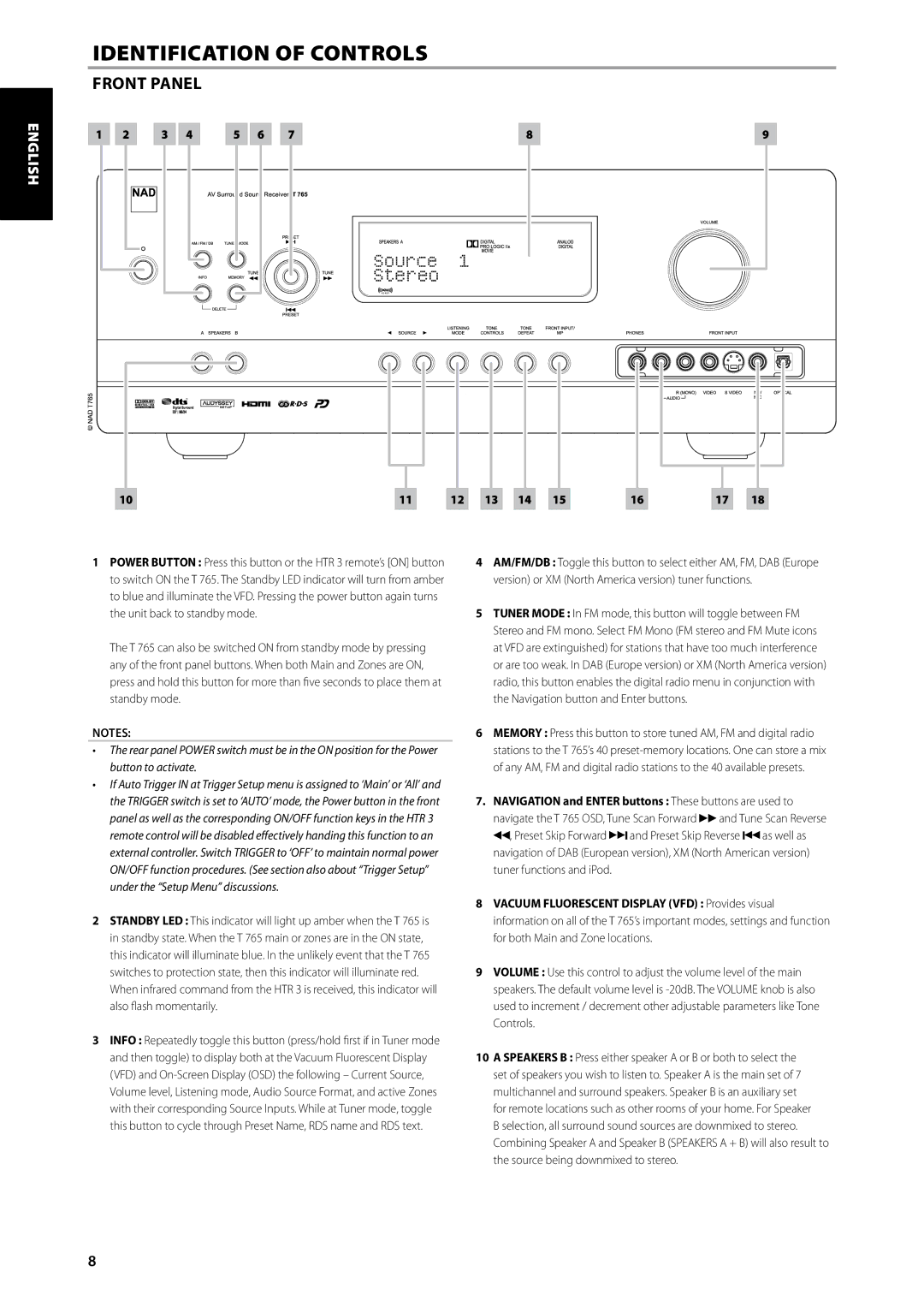 NAD T 765 owner manual Front Panel, Navigation and Enter buttons These buttons are used to 