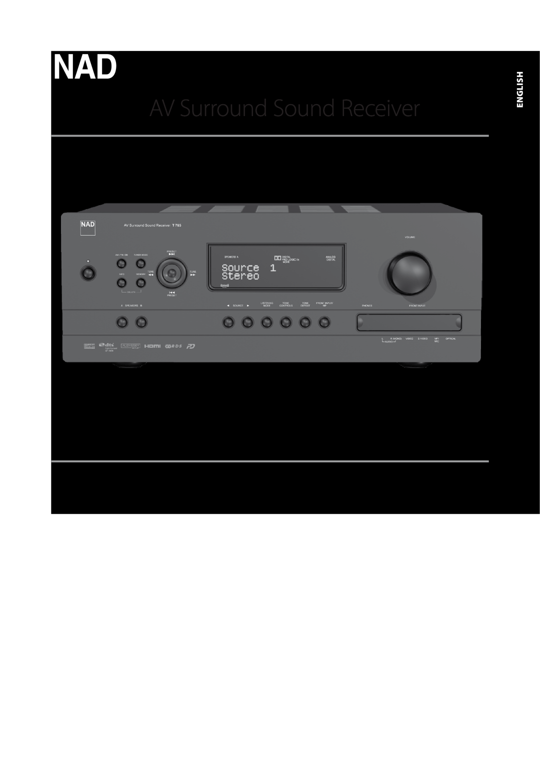NAD T 765 owner manual English, AV Surround Sound Receiver, Owner’s Manual 