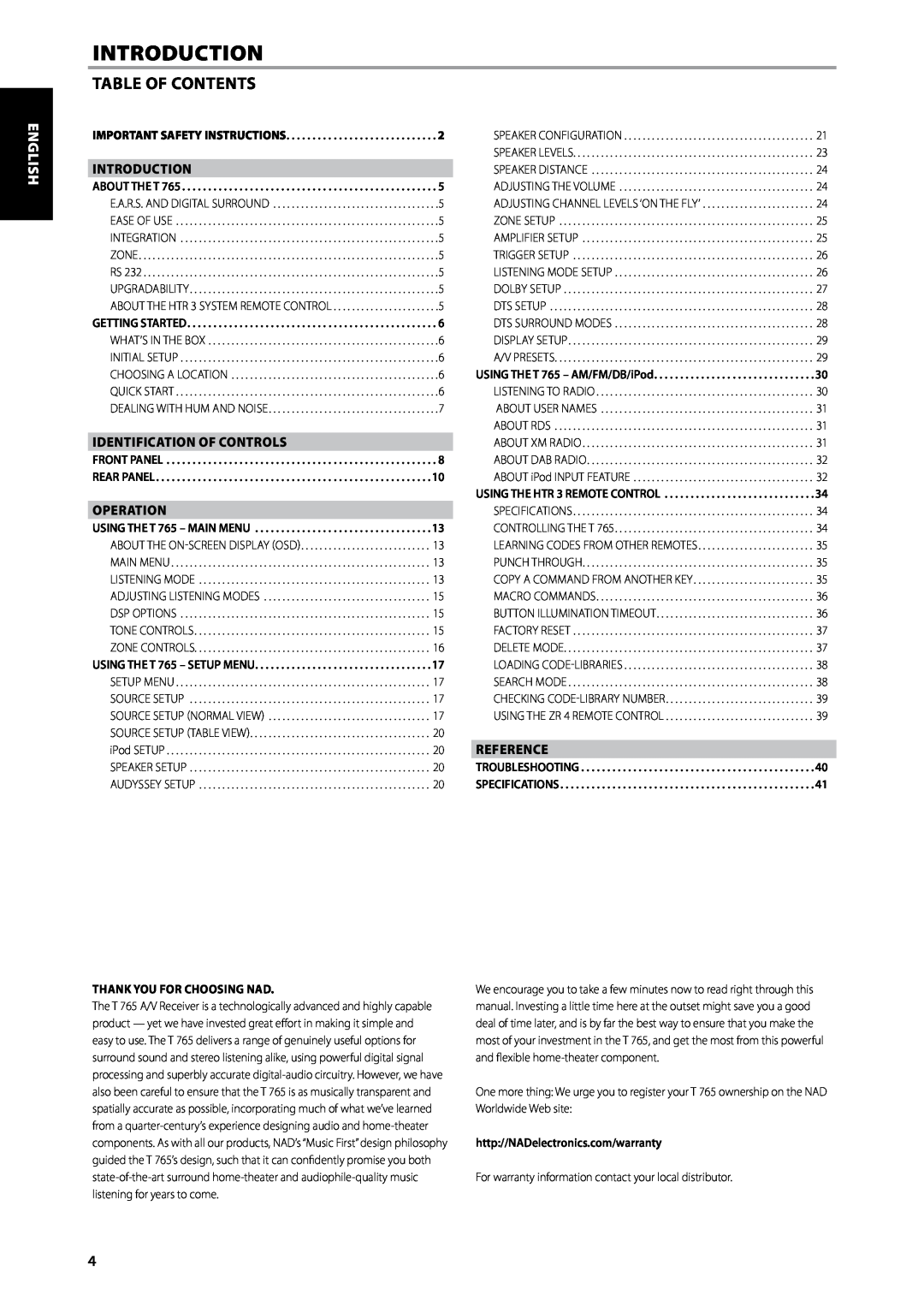 NAD T 765 introduction, Table Of Contents, Deutsch Nederlands, Svenska Русский, identification of controls, operation 