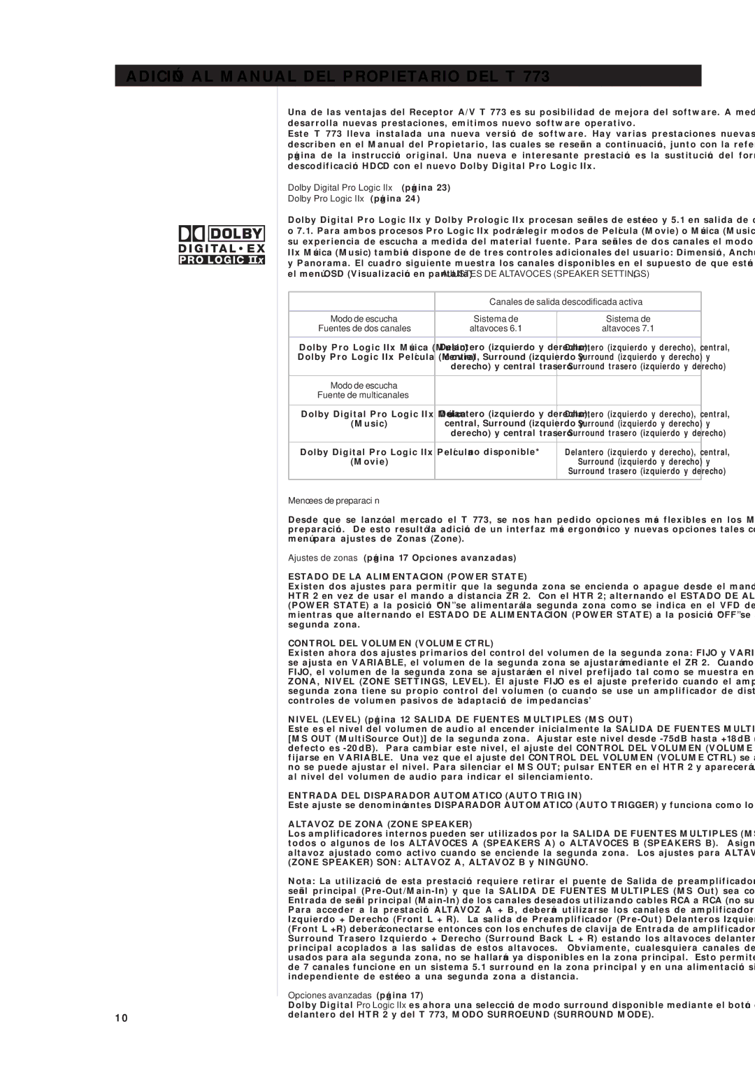 NAD T 773 Adición AL Manual DEL Propietario DEL T, Canales de salida descodificada activa, Menúes de preparación 