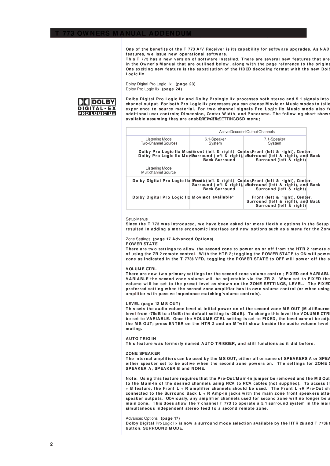 NAD T 773 owner manual Dolby Digital Pro Logic IIx Dolby Pro Logic IIx, Active Decoded Output Channels, System, Setup Menus 