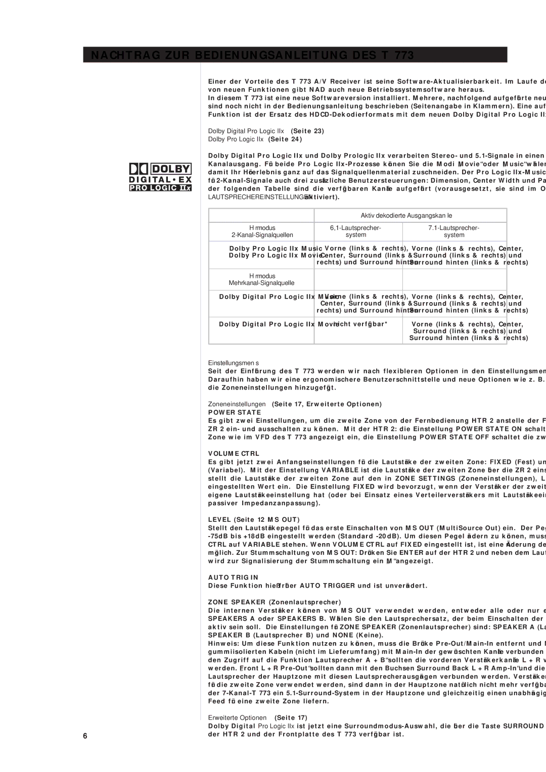 NAD T 773 Nachtrag ZUR Bedienungsanleitung DES T, Dolby Pro Logic IIx Seite, Einstellungsmenüs, Erweiterte Optionen Seite 