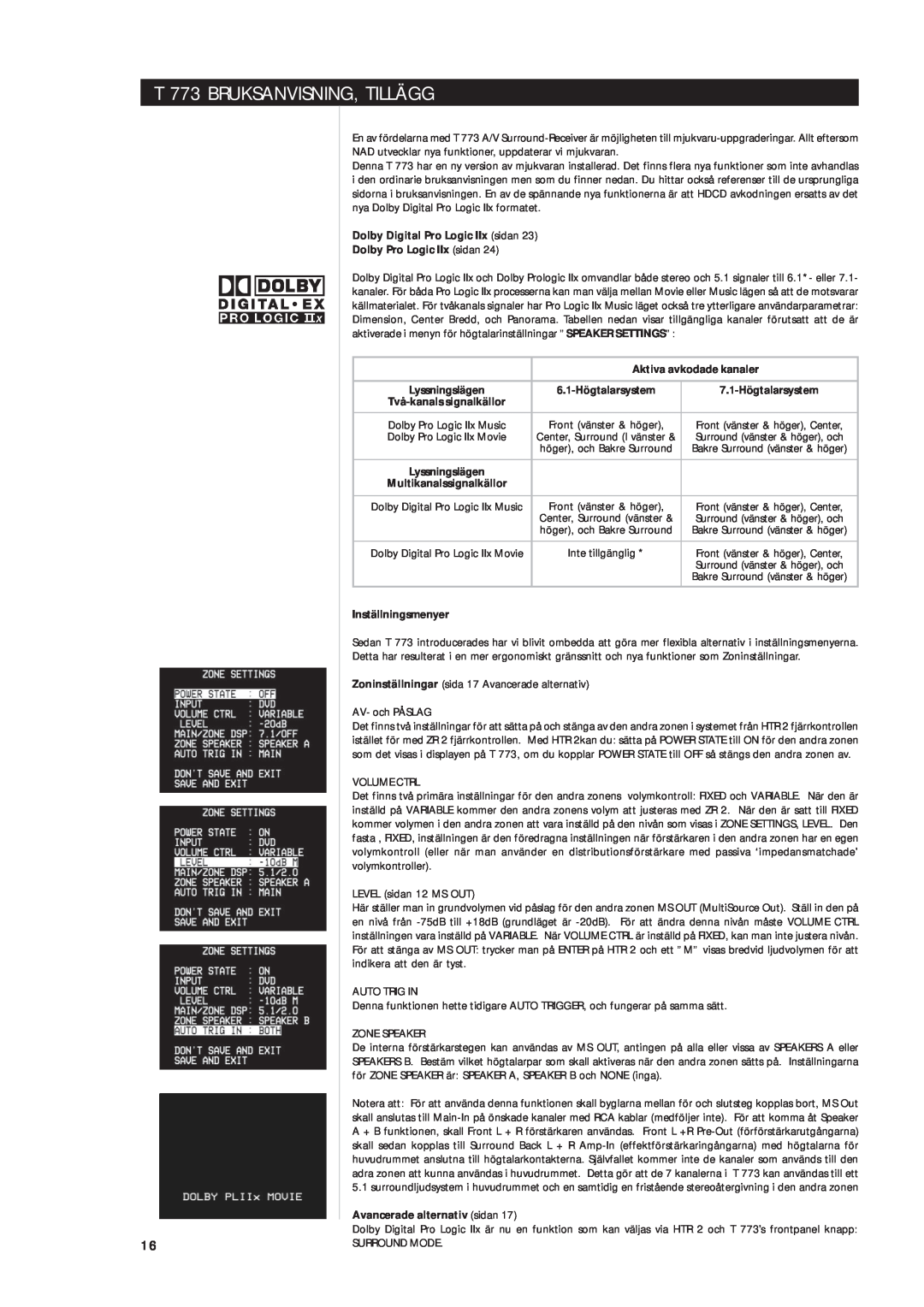 NAD T 773 BRUKSANVISNING, TILLÄGG, Dolby Digital Pro Logic IIx sidan, Dolby Pro Logic IIx sidan, 6.1-Högtalarsystem 