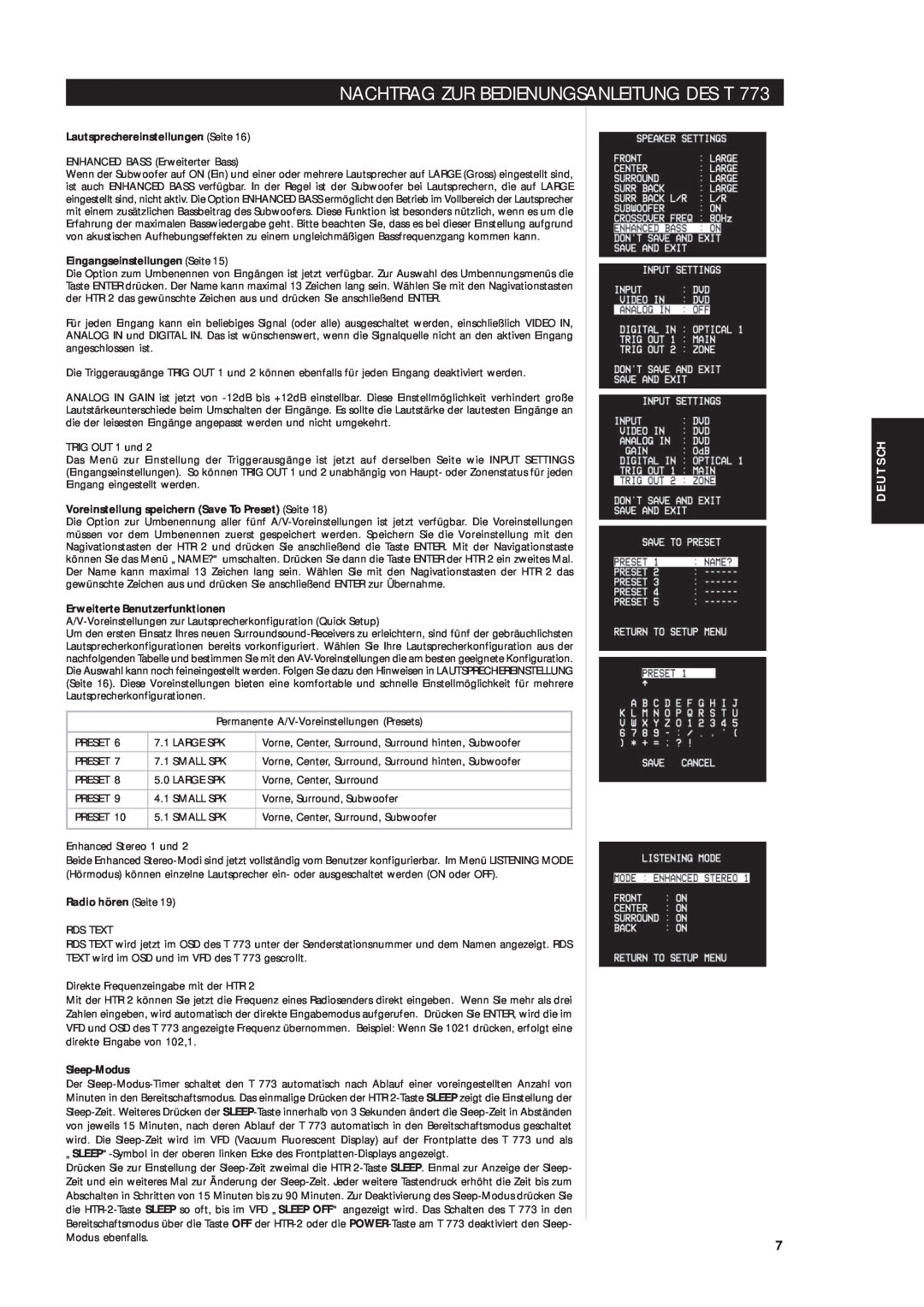 NAD T 773 owner manual Deutsch, Lautsprechereinstellungen Seite, Eingangseinstellungen Seite, Erweiterte Benutzerfunktionen 