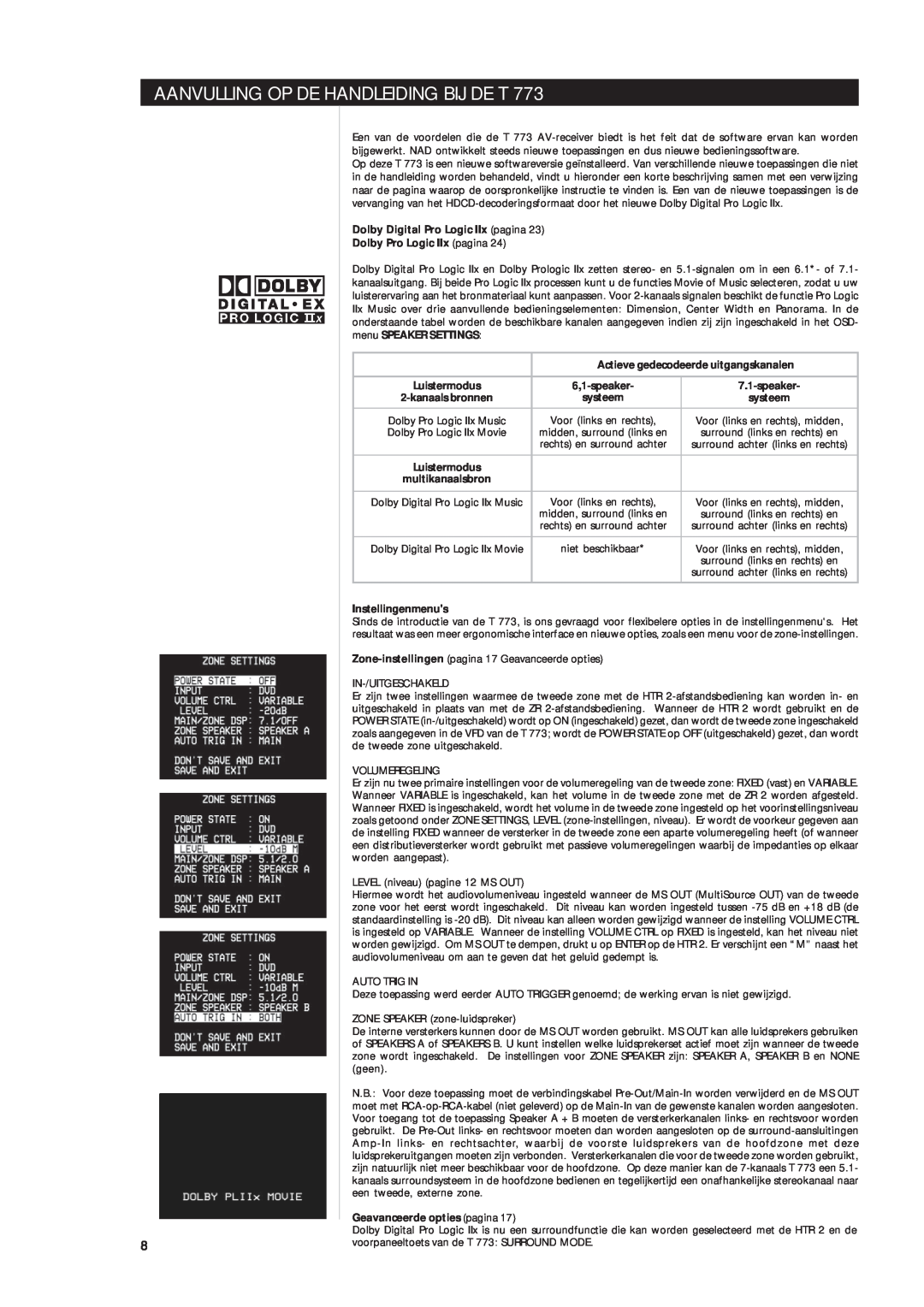 NAD T 773 Aanvulling Op De Handleiding Bij De T, Dolby Digital Pro Logic IIx pagina, Dolby Pro Logic IIx pagina, systeem 