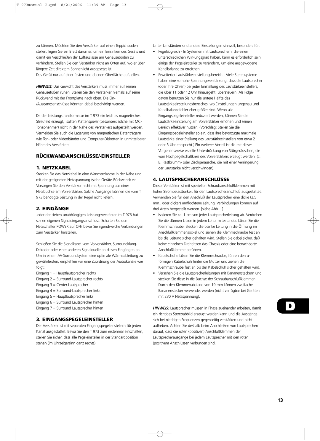 NAD T 973 owner manual RÜCKWANDANSCHLÜSSE/-EINSTELLER Netzkabel, Eingänge, Eingangspegeleinsteller, Lautsprecheranschlüsse 