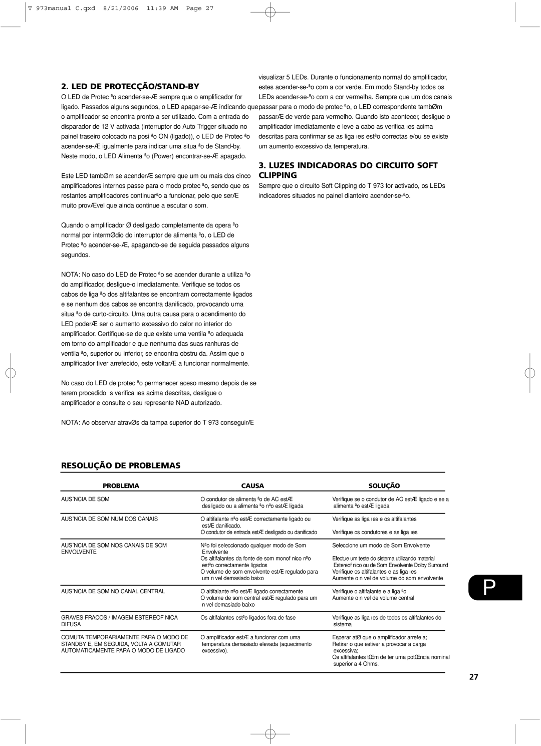 NAD T 973 owner manual Led De Protecção/Stand-By, Luzes Indicadoras do Circuito Soft Clipping, Resolução DE Problemas 