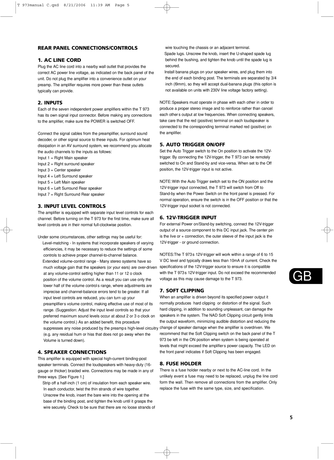 NAD T 973 Rear Panel CONNECTIONS/CONTROLS AC Line Cord, Inputs, Input Level Controls, Speaker Connections, Soft Clipping 