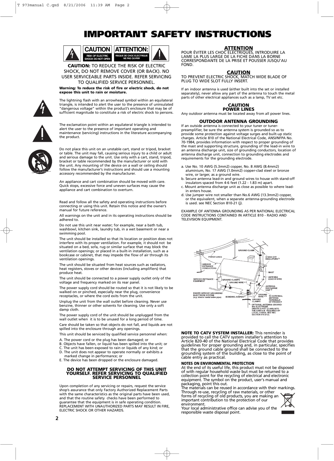 NAD T 973 Important Safety Instructions, Notes On Environmental Protection, Power Lines, Outdoor Antenna Grounding 