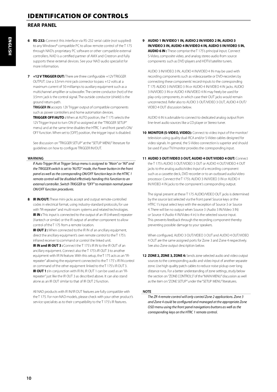 NAD T175 owner manual Identification of Controls 