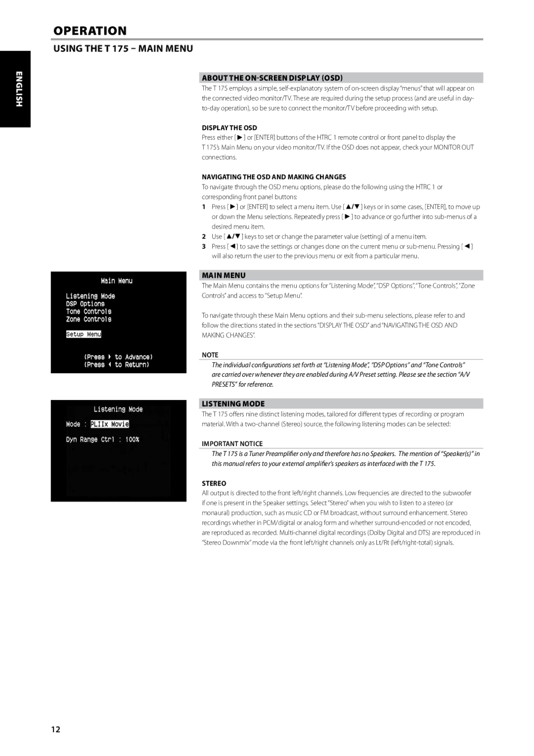 NAD T175 owner manual Using the T 175 Main Menu, About the ON-SCREEN Display OSD, Listening Mode 