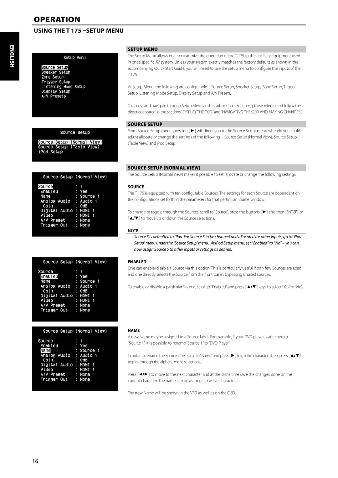 NAD T175 owner manual Setup Menu, Source Setup Normal View 