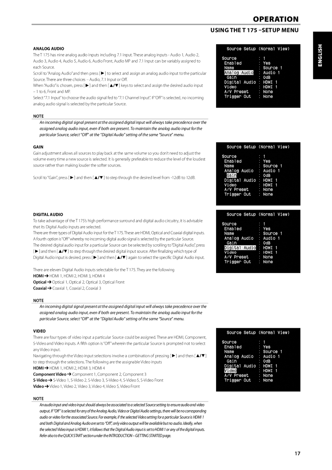 NAD T175 owner manual Analog Audio, Gain, Digital Audio, Video 