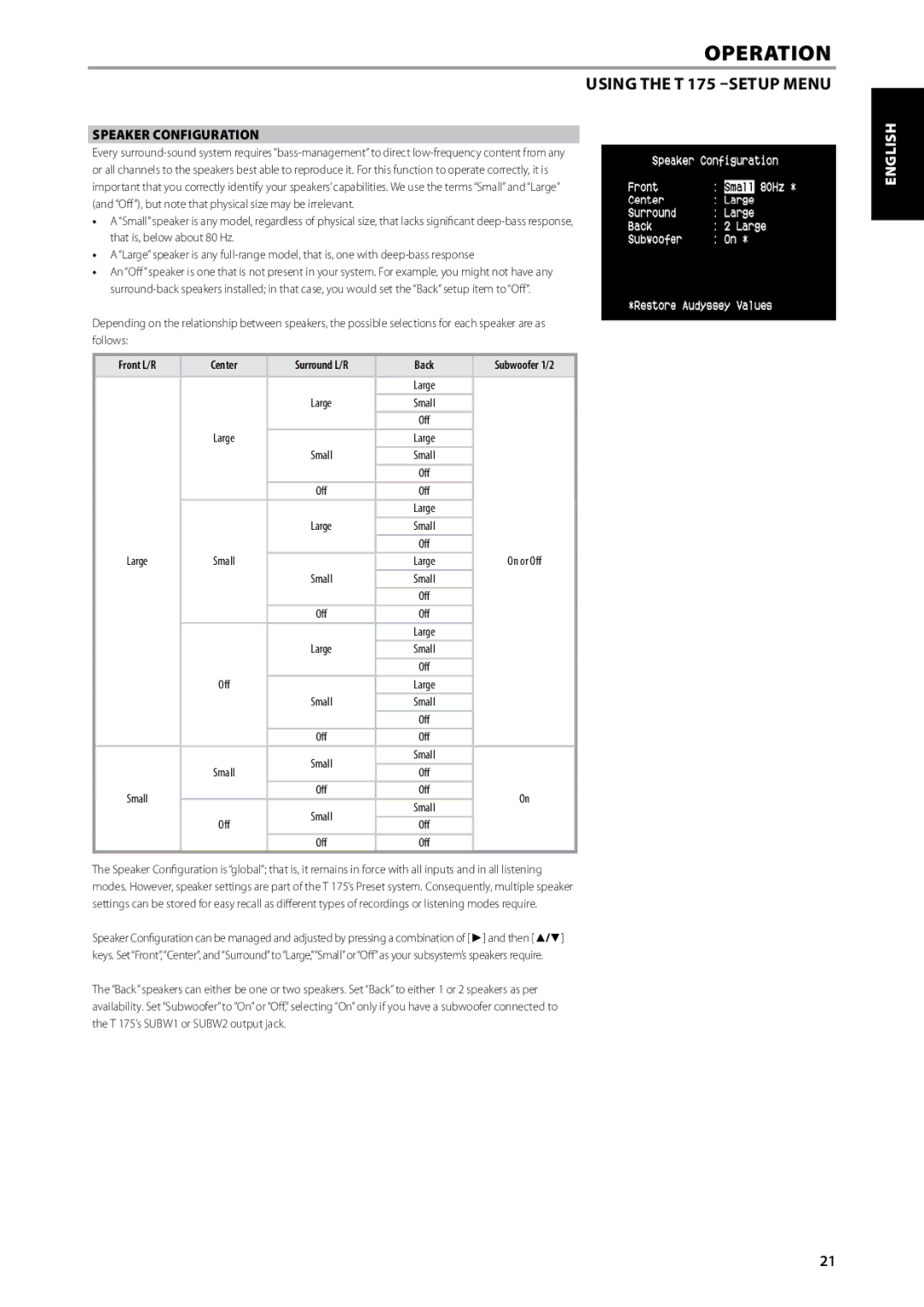 NAD T175 owner manual Speaker Configuration, Front L/R Center, Back 