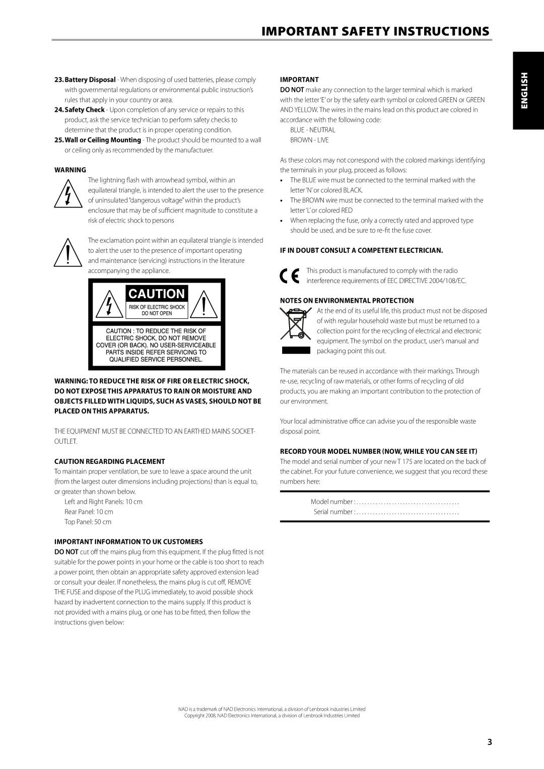 NAD T175 owner manual Important Information to UK Customers, If in Doubt Consult a Competent Electrician 