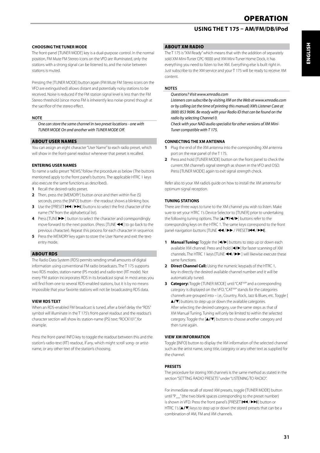 NAD T175 owner manual About User Names, About RDS, About XM Radio 