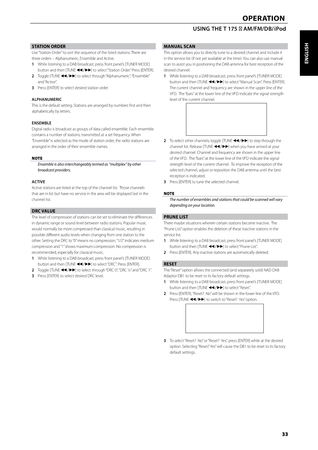 NAD T175 owner manual Station Order, DRC Value, Manual Scan, Prune List, Reset 