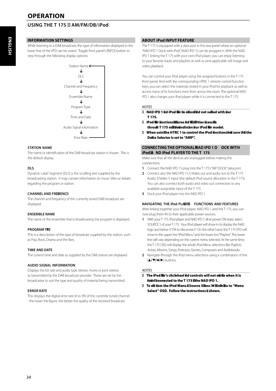 NAD T175 owner manual English Français Español Italiano Deutsch Nederlands, Information Settings, Dls 