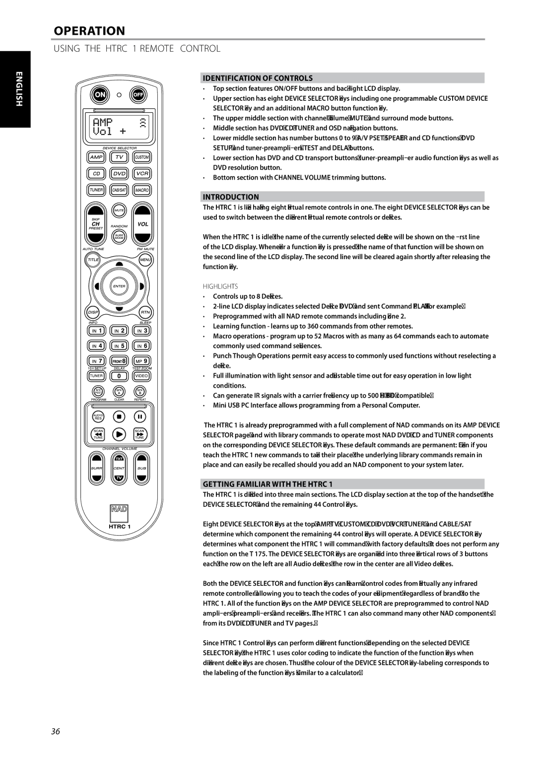 NAD T175 owner manual Using the Htrc 1 Remote Control, Getting Familiar with the Htrc, Highlights 