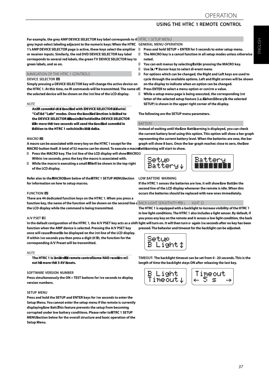 NAD T175 owner manual Navigation of the Htrc 1 Controls, Htrc 1 Setup Menu, Battery 