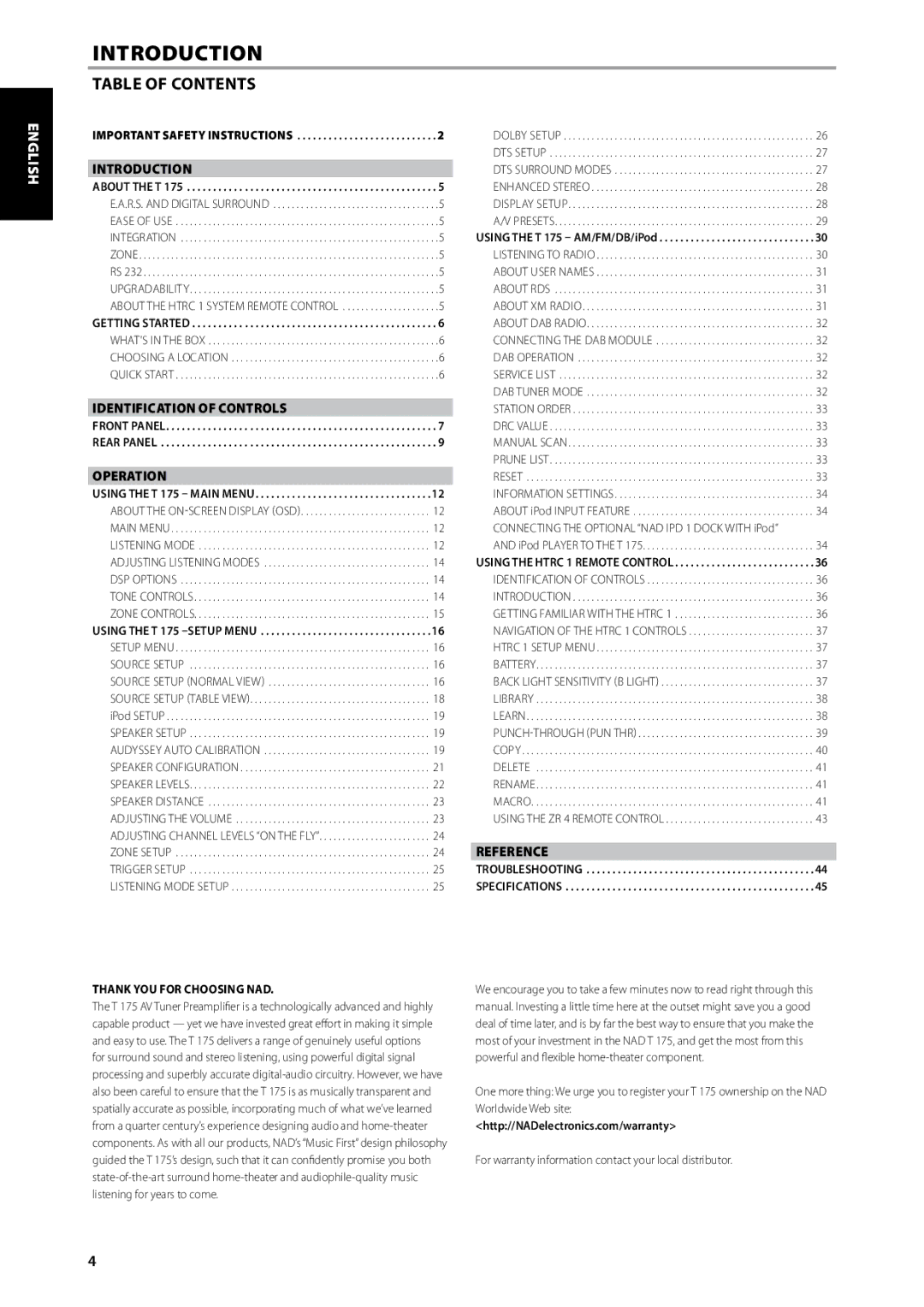 NAD T175 owner manual Introduction, Table of Contents 