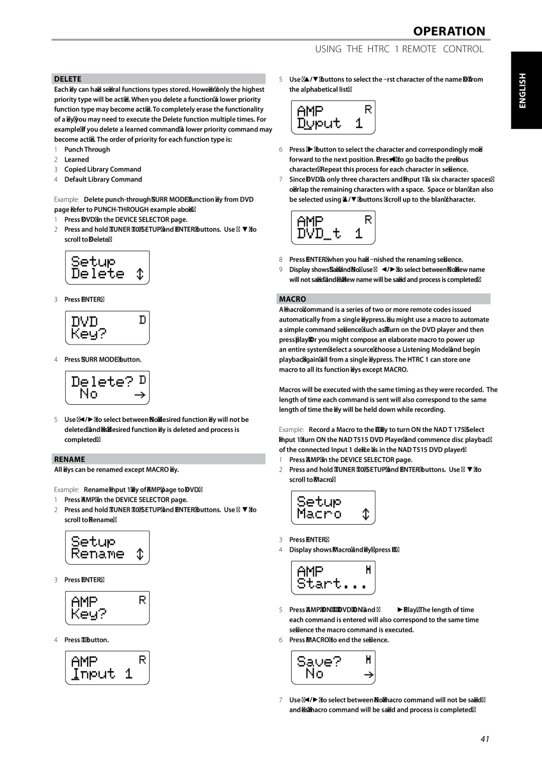 NAD T175 owner manual Italiano Svenska Nederlands Deutsch, Delete, Rename, Macro 