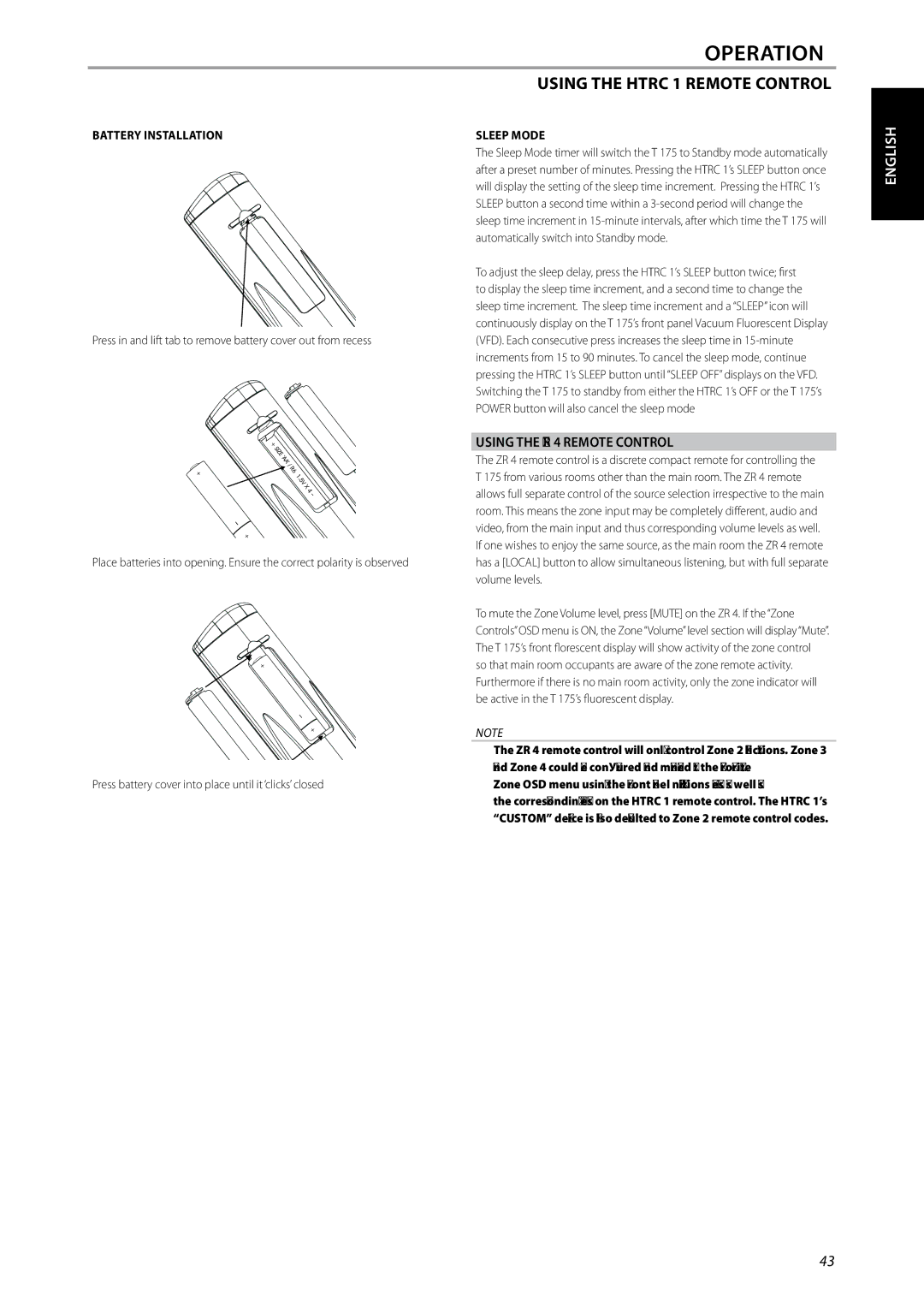 NAD T175 owner manual Using the ZR 4 Remote Control, Battery Installation Sleep Mode 