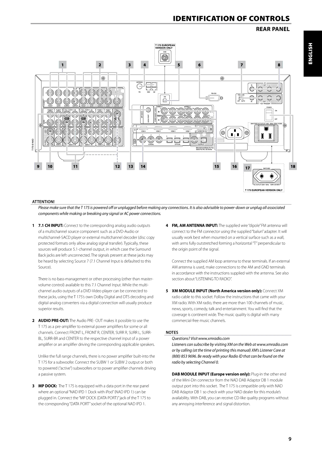 NAD T175 owner manual Rear Panel, English, Svenska Nederlands Deutsch Русский 