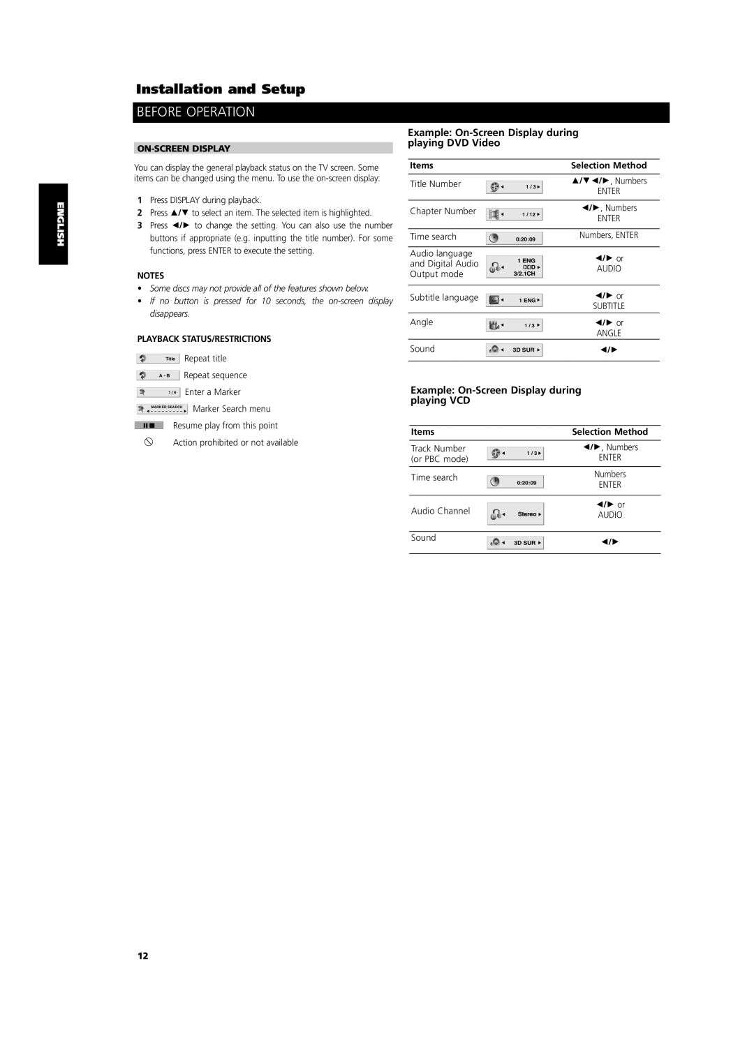 NAD T514 owner manual Before Operation, ON-SCREEN Display, Playback STATUS/RESTRICTIONS, Items, Selection Method 