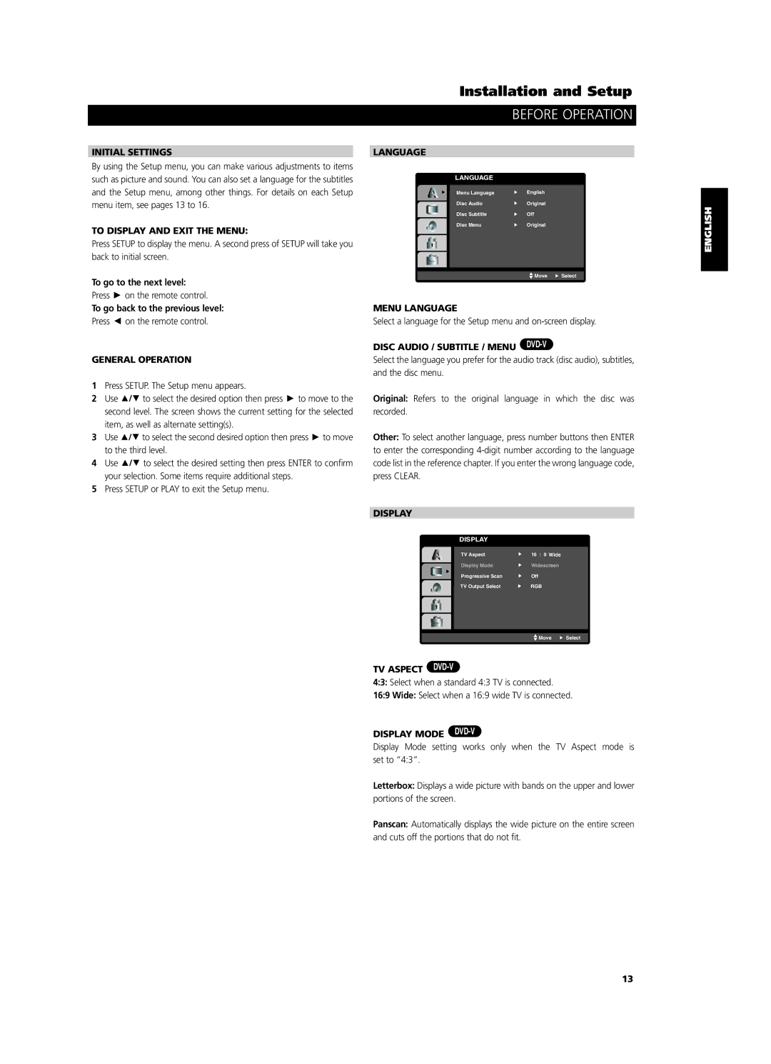 NAD T514 Initial Settings, To Display and Exit the Menu, General Operation, Language, Disc Audio / Subtitle / Menu DVD-V 