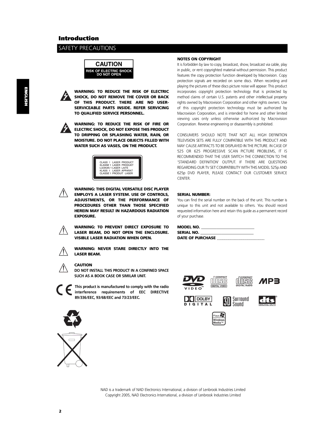 NAD T514 owner manual Safety Precautions, Serial Number, Model no Serial no Date of Purchase 